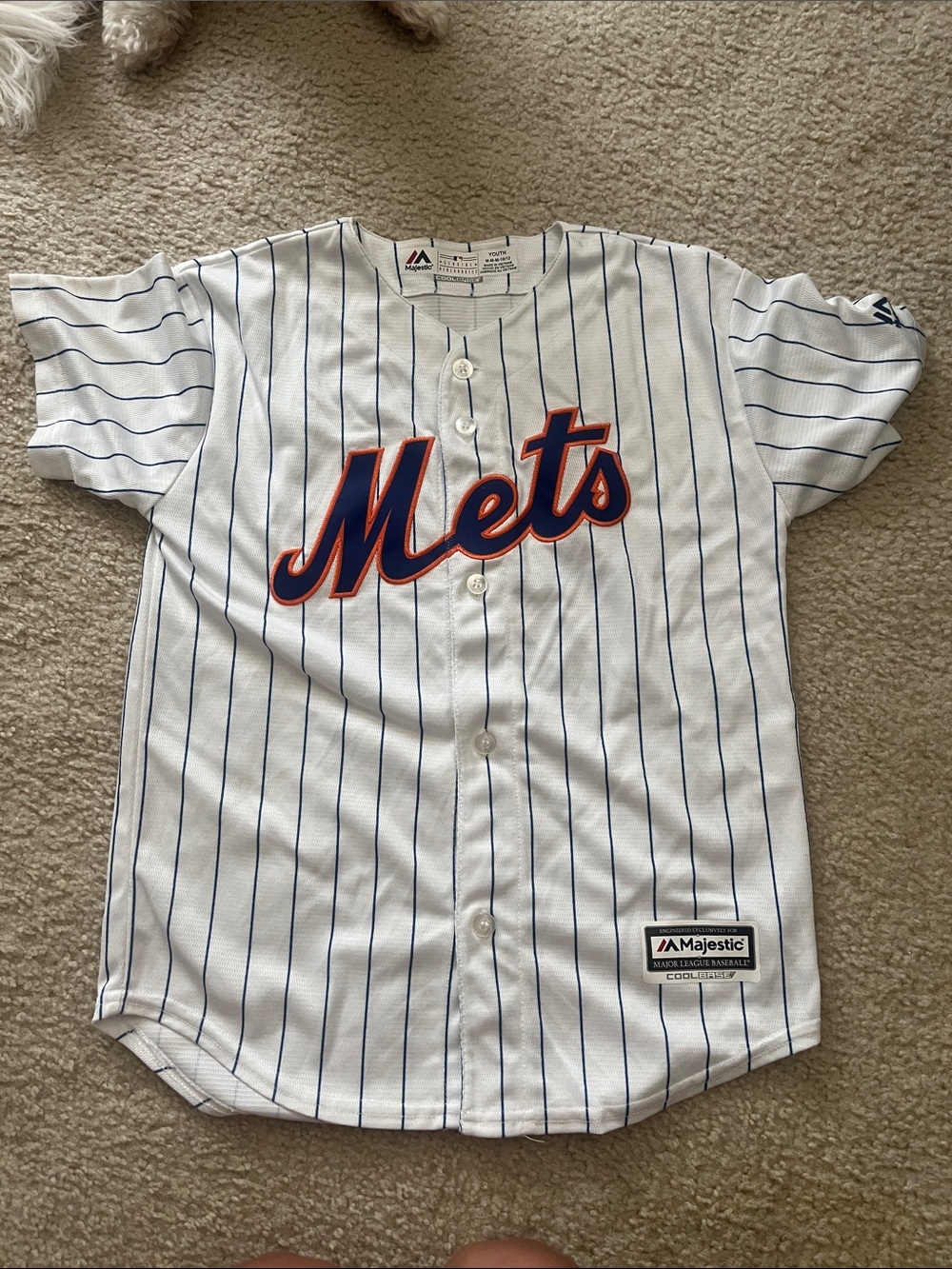 Majestic White Pinstripe Mets Logo Button-Up Jersey